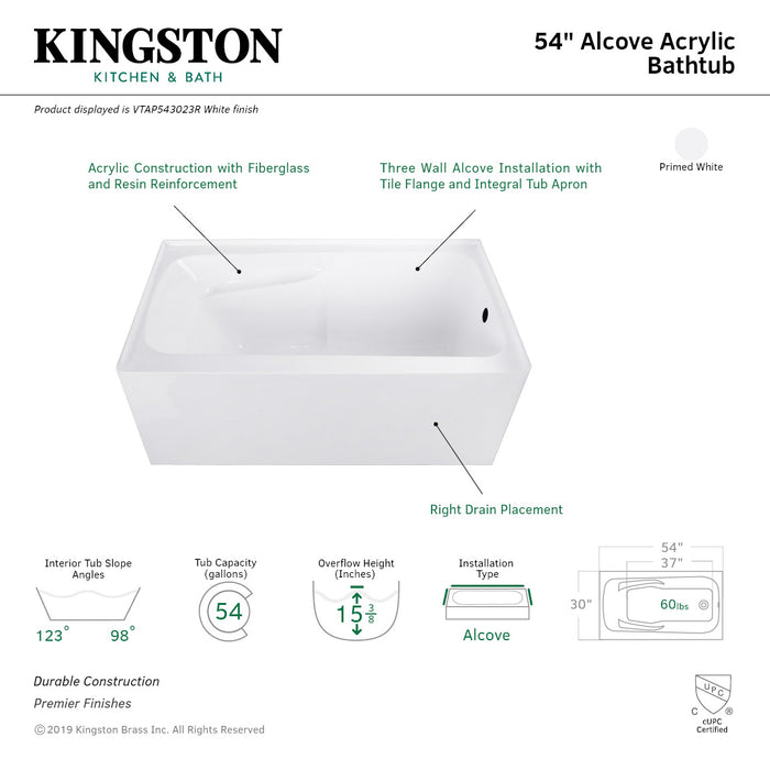 Aqua Eden VTAP543023R 54-Inch Acrylic Rectangular 3-Wall Alcove Tub with Arm Rest and Right Hand Drain Hole, Glossy White