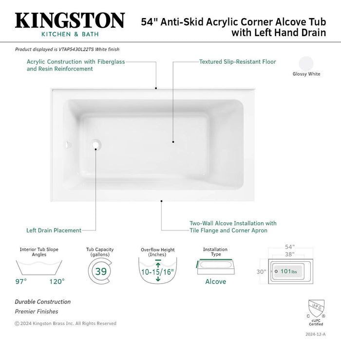 Aqua Eden VTAP5430L22TS 54-Inch Acrylic Rectangular 2-Wall Corner Alcove Tub, Left Hand Drain, Glossy White