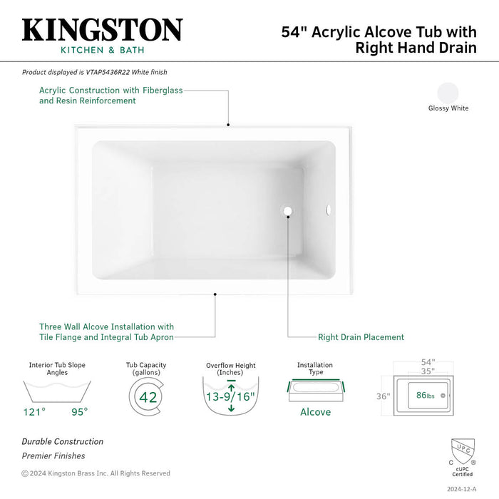Kingston Tulare VTAP5436R22 - Aqua Eden 54-Inch Acrylic Rectangular 3-Wall Alcove Tub, Right Hand Drain, Glossy White