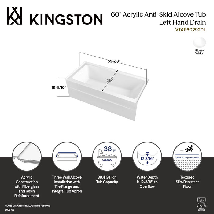Kingston Aqua Eden VTAP602920L 60-Inch Anti-Skid Acrylic Rectangular Three-Wall Alcove Tub with Left Drain, Glossy White