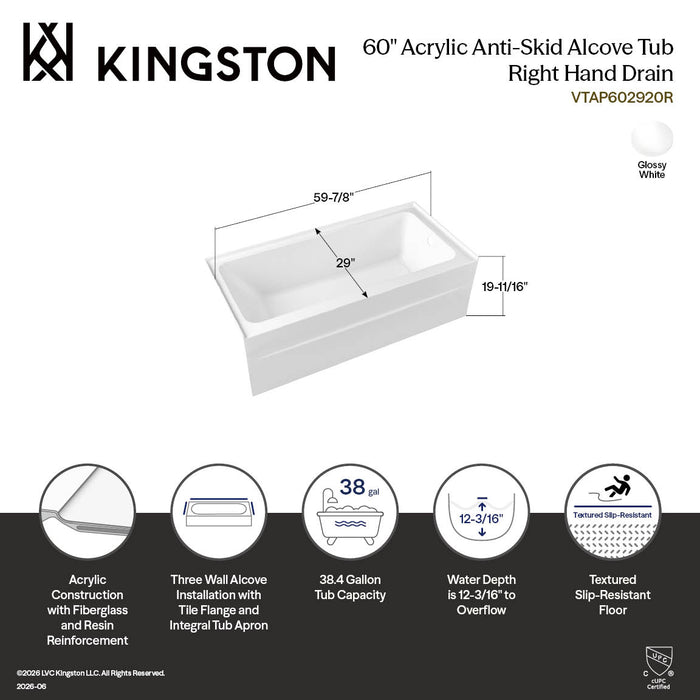 Kingston Aqua Eden VTAP602920R 60-Inch Anti-Skid Acrylic Rectangular Three-Wall Alcove Tub with Right Drain, Glossy White