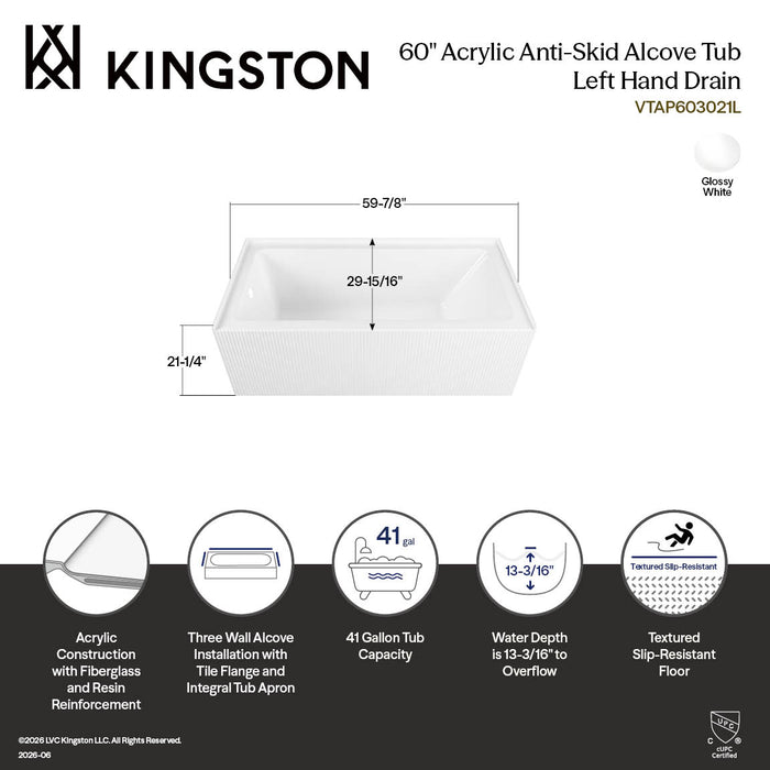 Kingston Aqua Eden VTAP603021L 60-Inch Anti-Skid Acrylic Rectangular Three-Wall Alcove Tub with Left Drain, Glossy White