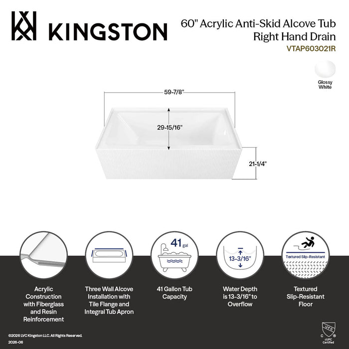 Kingston Aqua Eden VTAP603021R 60-Inch Anti-Skid Acrylic Rectangular Three-Wall Alcove Tub with Right Drain, Glossy White