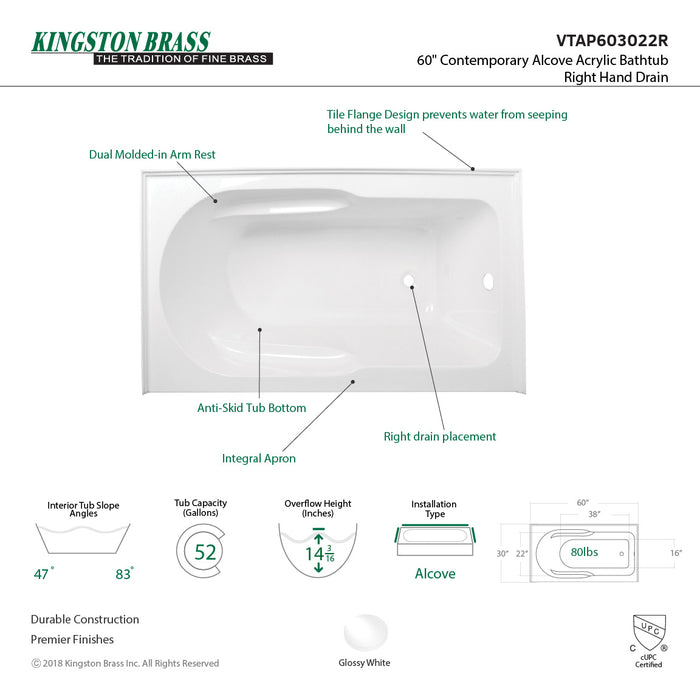 Aqua Eden VTAP603022R 60-Inch Acrylic Rectangular 3-Wall Alcove Tub with Anti Skid and Right Hand Drain Hole, Glossy White