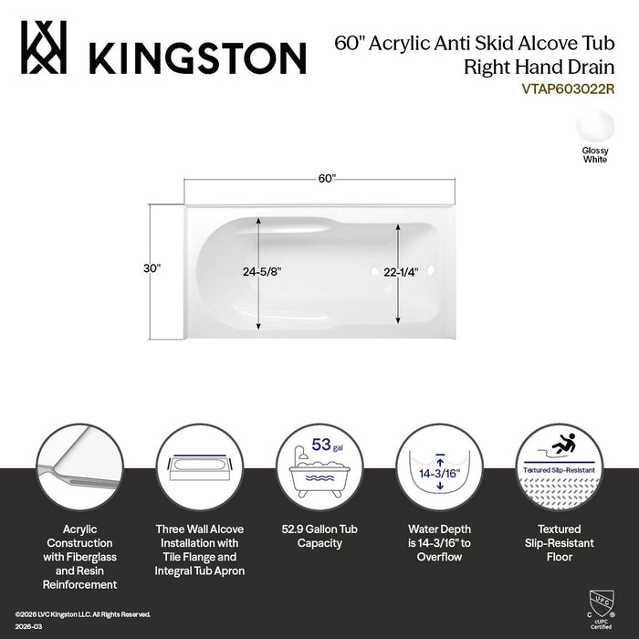 Kingston Tulare VTAP603022R - Aqua Eden 60-Inch Acrylic Rectangular 3-Wall Alcove Tub with Anti Skid and Right Hand Drain Hole, Glossy White