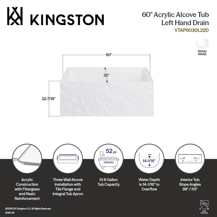 Kingston Moraine VTAP6030L22D 60-Inch Acrylic Rectangular Three-Wall Alcove Tub with Left Drain, Glossy White