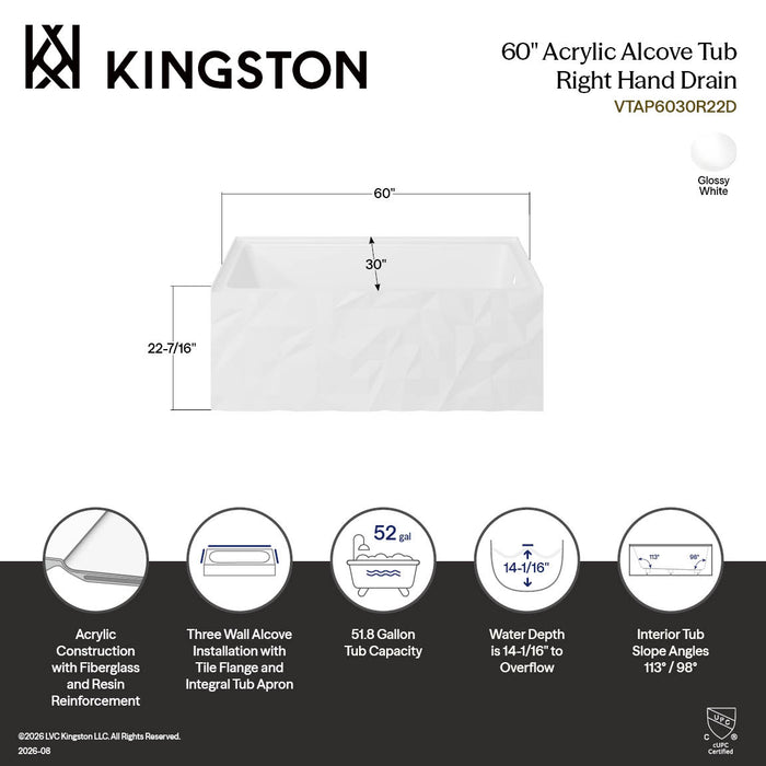 Kingston Moraine VTAP6030R22D 60-Inch Acrylic Rectangular Three-Wall Alcove Tub with Right Drain, Glossy White