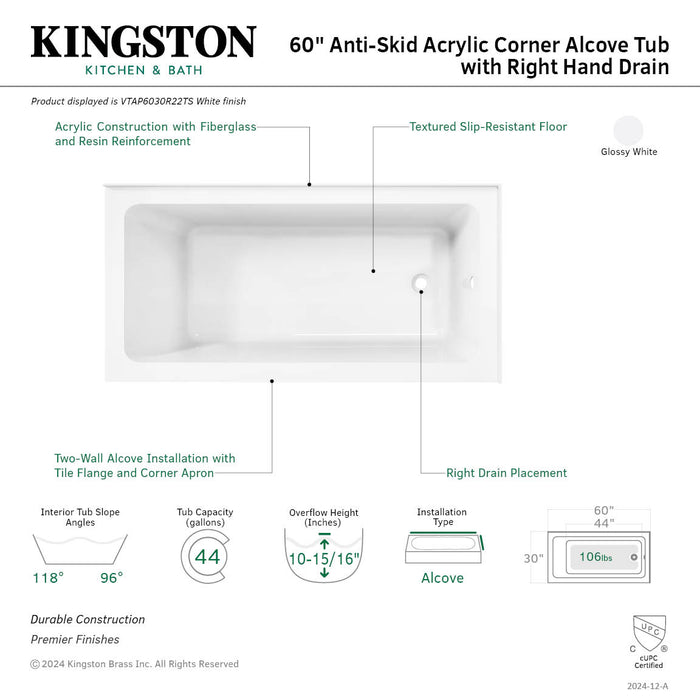 Aqua Eden VTAP6030R22TS 60-Inch Acrylic Rectangular 2-Wall Corner Alcove Tub, Right Hand Drain, Glossy White