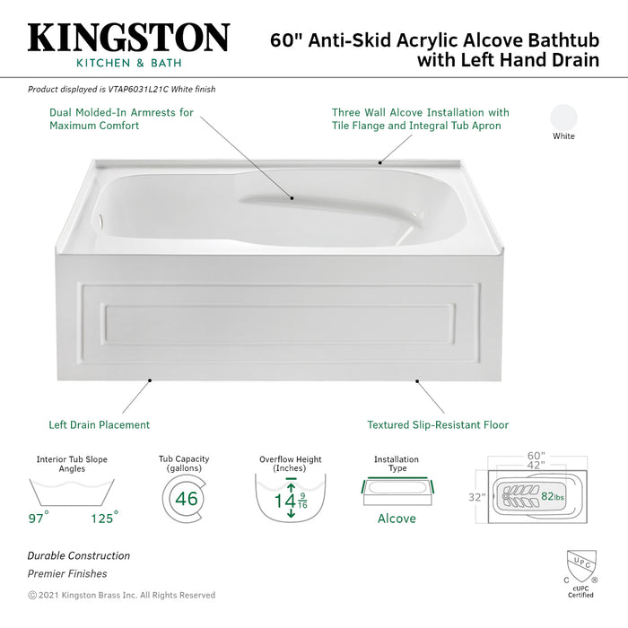 Aqua Eden VTAP6031L21C 60-Inch Acrylic Rectangular 3-Wall Alcove Tub with Anti-Skid Surface, Left Hand Drain, Glossy White