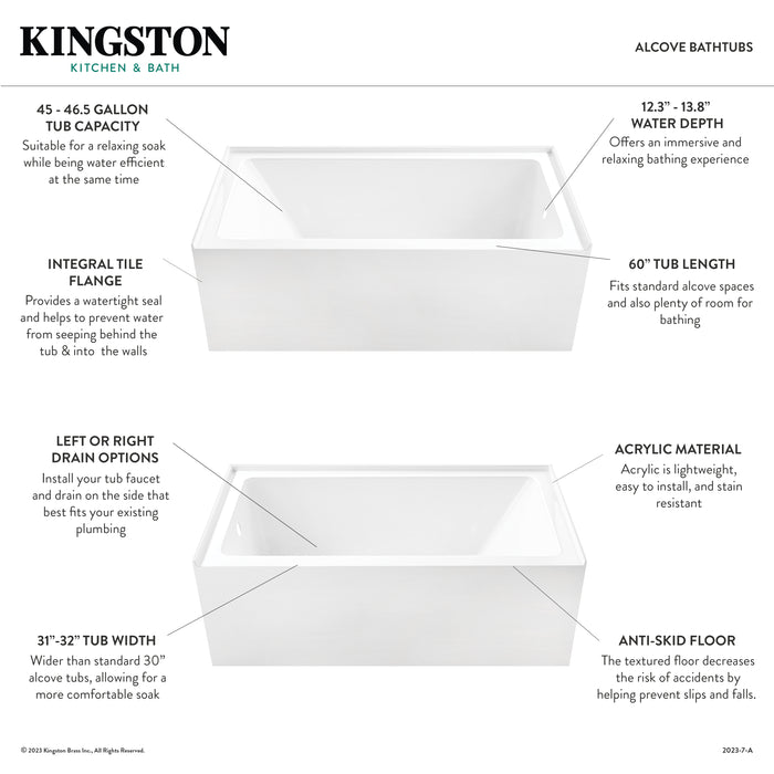 Aqua Eden VTAP6031L22T 60-Inch Acrylic Rectangular 3-Wall Alcove Tub with Anti-Skid Surface, Left Hand Drain Hole, Glossy White