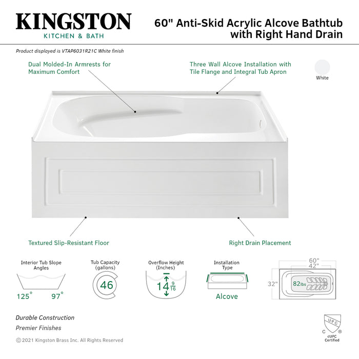 Kingston Tulare VTAP6031R21C - Aqua Eden 60-Inch Acrylic Rectangular 3-Wall Alcove Tub with Anti-Skid Surface, Right Hand Drain, Glossy White