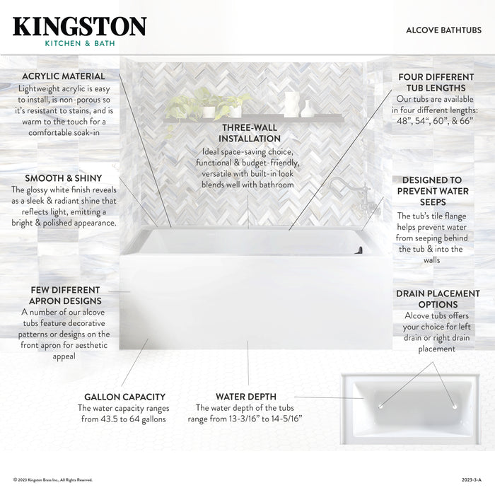 Kingston Tulare VTAP603216L - Aqua Eden 60-Inch Acrylic Rectangular 3-Wall Alcove Tub with Anti Skid and Left Hand Drain Hole, Glossy White
