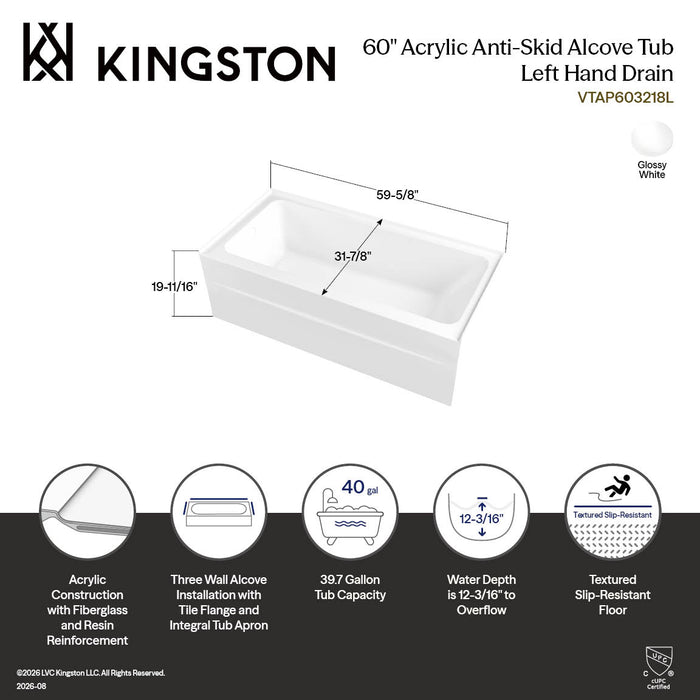 Kingston Aqua Eden VTAP603218L 60-Inch Anti-Skid Acrylic Rectangular Three-Wall Alcove Tub with Left Drain, Glossy White