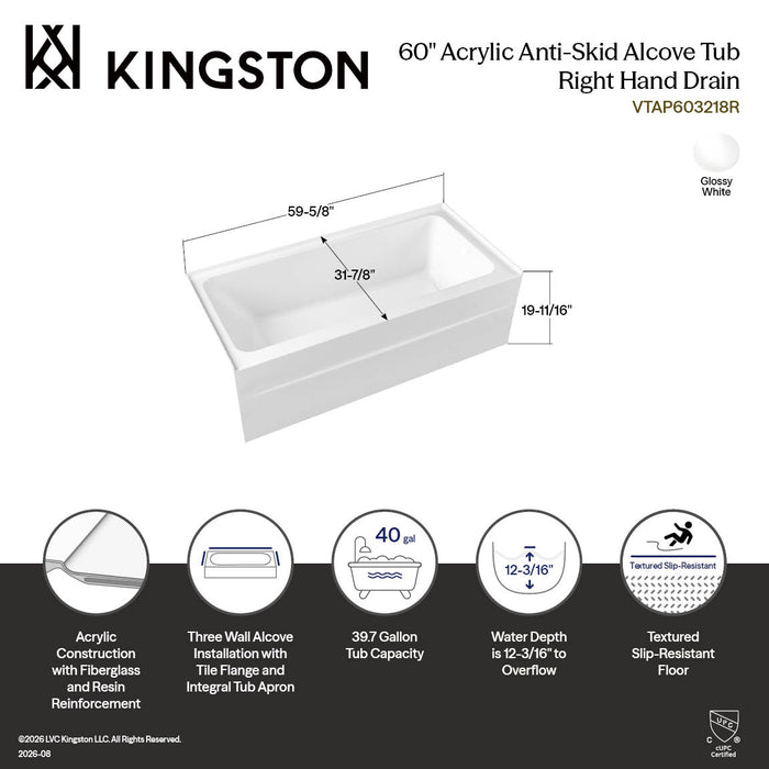 Kingston Aqua Eden VTAP603218R 60-Inch Anti-Skid Acrylic Rectangular Three-Wall Alcove Tub with Right Drain, Glossy White