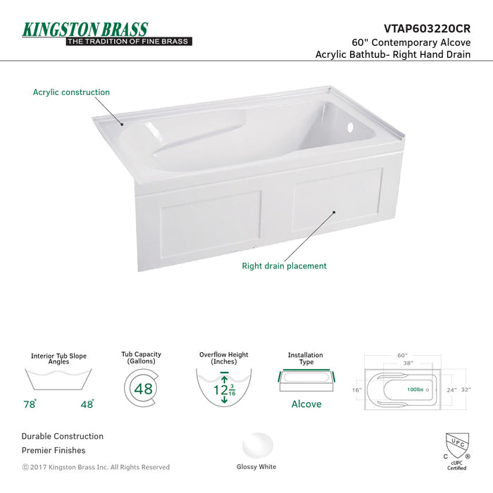 Aqua Eden VTAP603220CR 60-Inch Acrylic Rectangular 3-Wall Alcove Tub with Anti Skid and Right Drain Hole, Glossy White