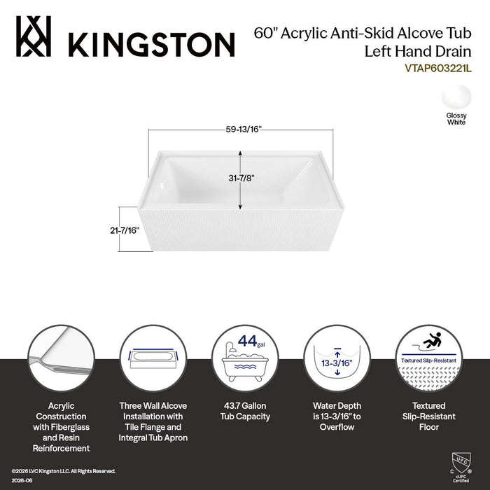 Kingston Aqua Eden VTAP603221L 60-Inch Anti-Skid Acrylic Rectangular Three-Wall Alcove Tub with Left Drain, Glossy White