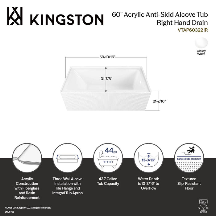 Kingston Aqua Eden VTAP603221R 60-Inch Anti-Skid Acrylic Rectangular Three-Wall Alcove Tub with Right Drain, Glossy White