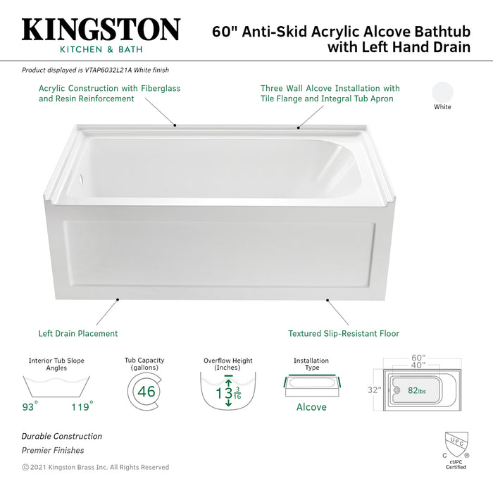 Kingston Tulare VTAP6032L21A - Aqua Eden 60-Inch Acrylic Rectangular 3-Wall Alcove Tub with Anti-Skid Surface, Left Hand Drain, Glossy White