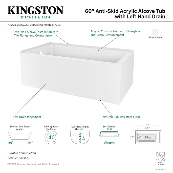 Kingston Tulare VTAP6032L21TS - Aqua Eden 60-Inch Acrylic Rectangular 2-Wall Corner Alcove Tub, Left Hand Drain, Glossy White
