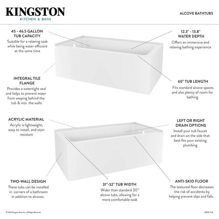 Kingston Tulare VTAP6032L21TS - Aqua Eden 60-Inch Acrylic Rectangular 2-Wall Corner Alcove Tub, Left Hand Drain, Glossy White