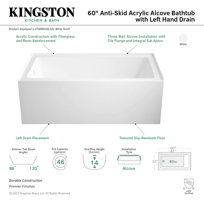 Kingston Tulare VTAP6032L22C - Aqua Eden 60-Inch Acrylic Rectangular 3-Wall Alcove Tub with Anti-Skid Surface, Left Hand Drain, Glossy White