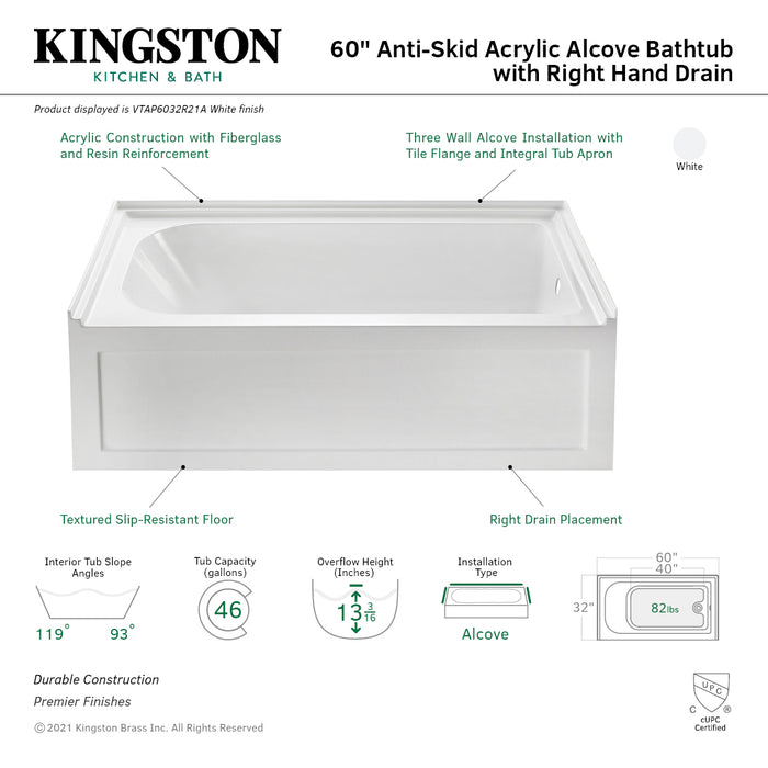 Aqua Eden VTAP6032R21A 60-Inch Acrylic Rectangular 3-Wall Alcove Tub with Anti-Skid Surface, Right Hand Drain, Glossy White