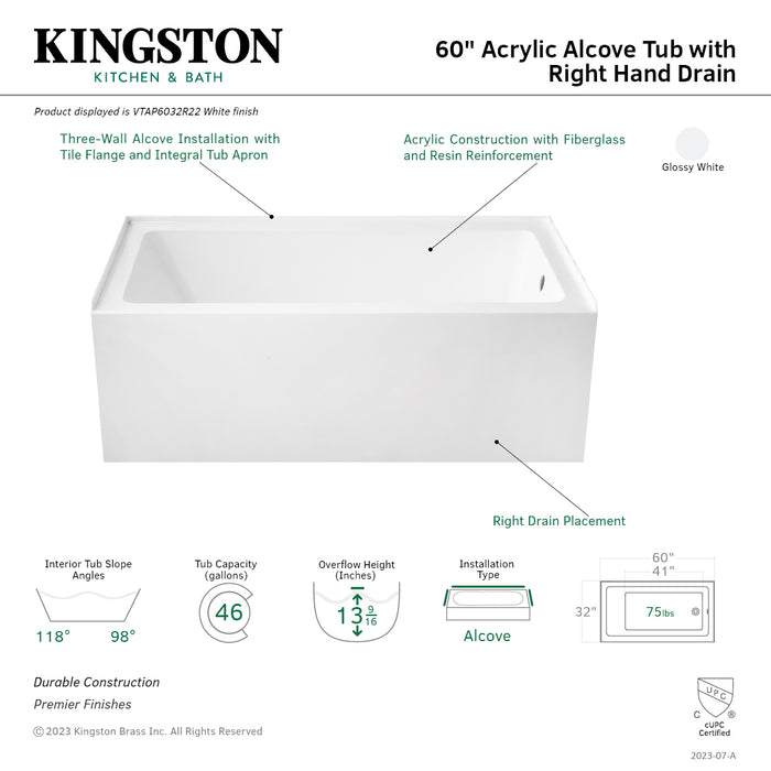 Aqua Eden VTAP6032R22 60-Inch Acrylic Rectangular 3-Wall Alcove Tub, Right Hand Drain Hole, Glossy White