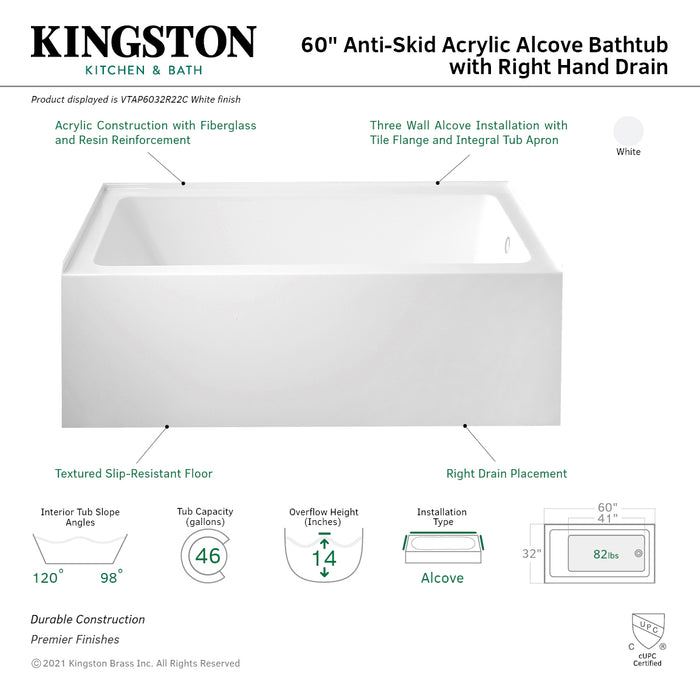 Aqua Eden VTAP6032R22C 60-Inch Acrylic Rectangular 3-Wall Alcove Tub with Anti-Skid Surface, Right Hand Drain, Glossy White