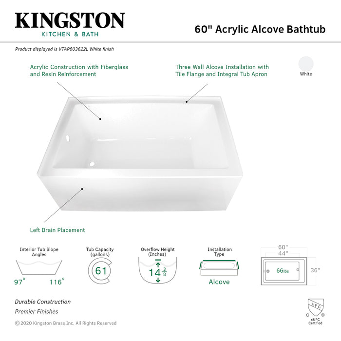 Aqua Eden VTAP603622L 60-Inch Acrylic Rectangular 3-Wall Alcove Tub, Left Hand Drain, Glossy White