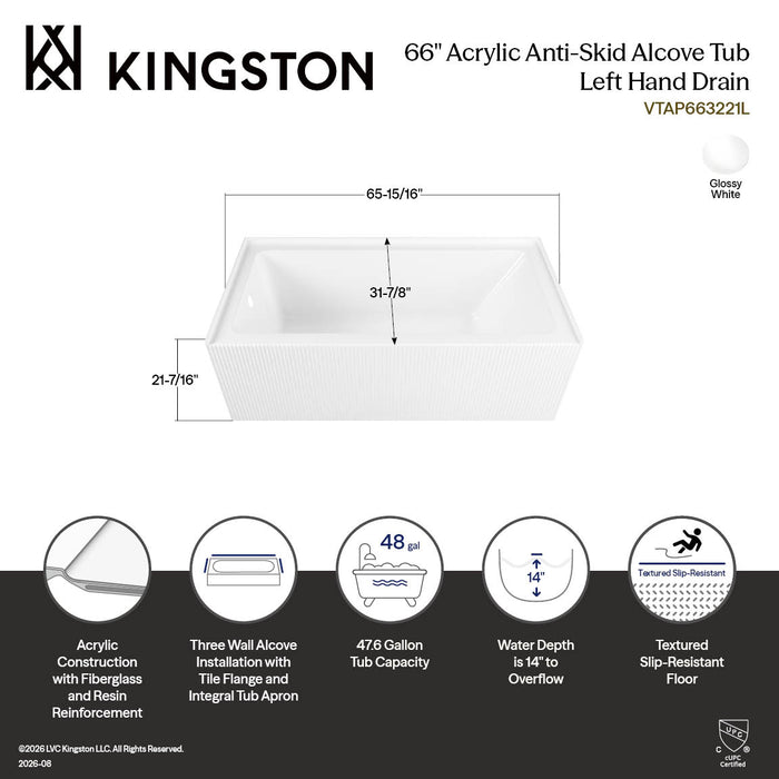 Kingston Aqua Eden VTAP663221L 66-Inch Anti-Skid Acrylic Rectangular Three-Wall Alcove Tub with Left Drain, Glossy White