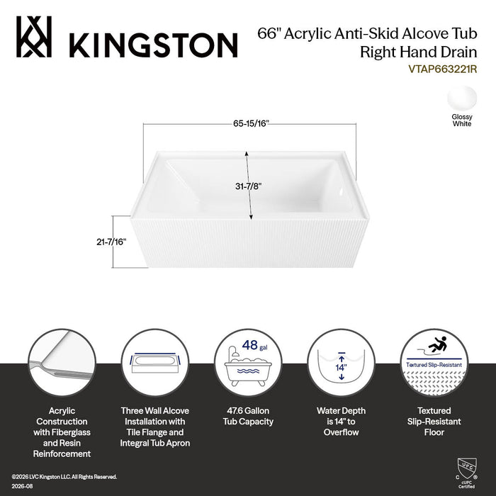 Kingston Aqua Eden VTAP663221R 66-Inch Anti-Skid Acrylic Rectangular Three-Wall Alcove Tub with Right Drain, Glossy White