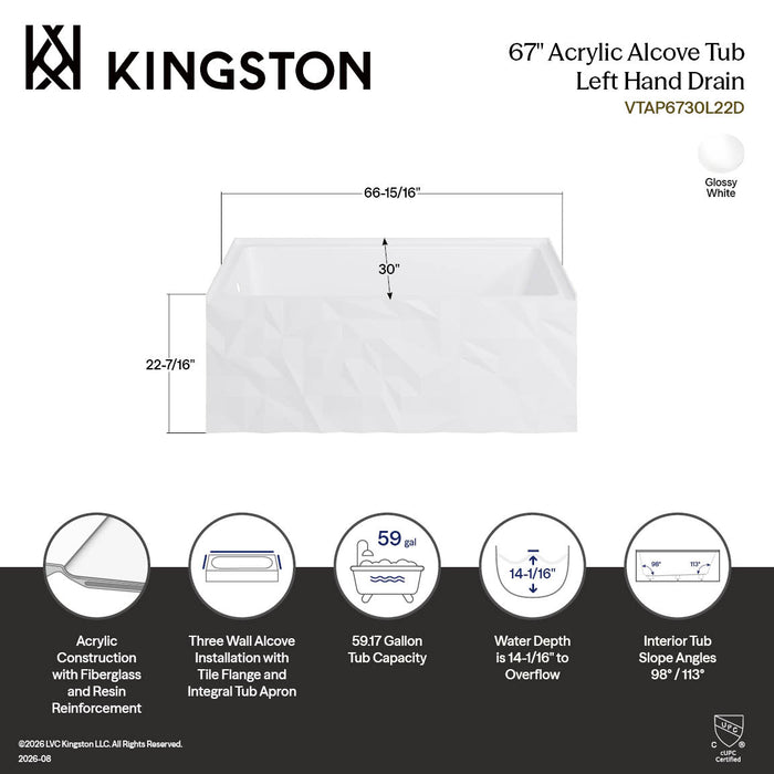 Kingston Moraine VTAP6730L22D 67-Inch Acrylic Rectangular Three-Wall Alcove Tub with Left Drain, Glossy White