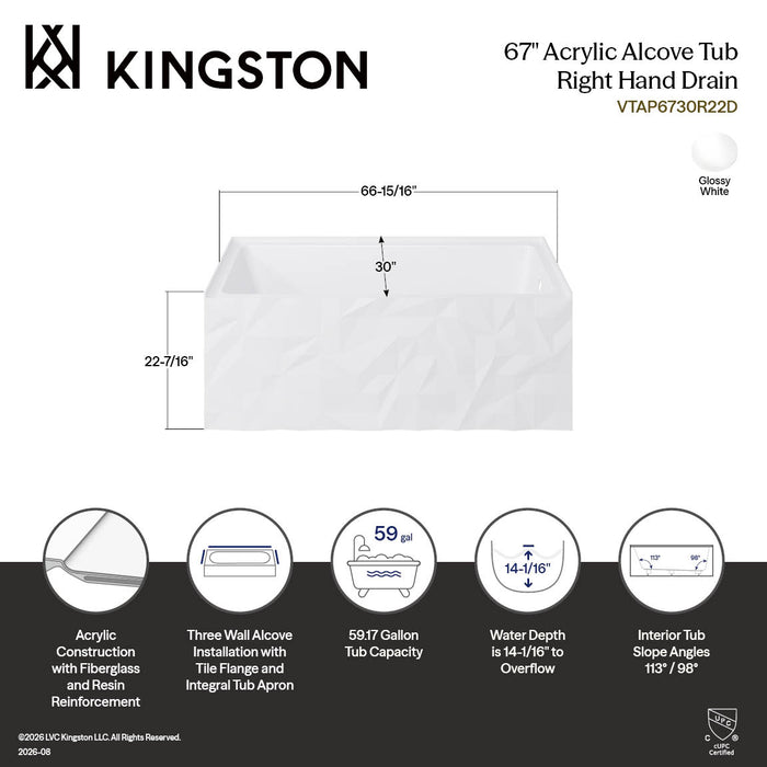 Kingston Moraine VTAP6730R22D 67-Inch Acrylic Rectangular Three-Wall Alcove Tub with Right Drain, Glossy White