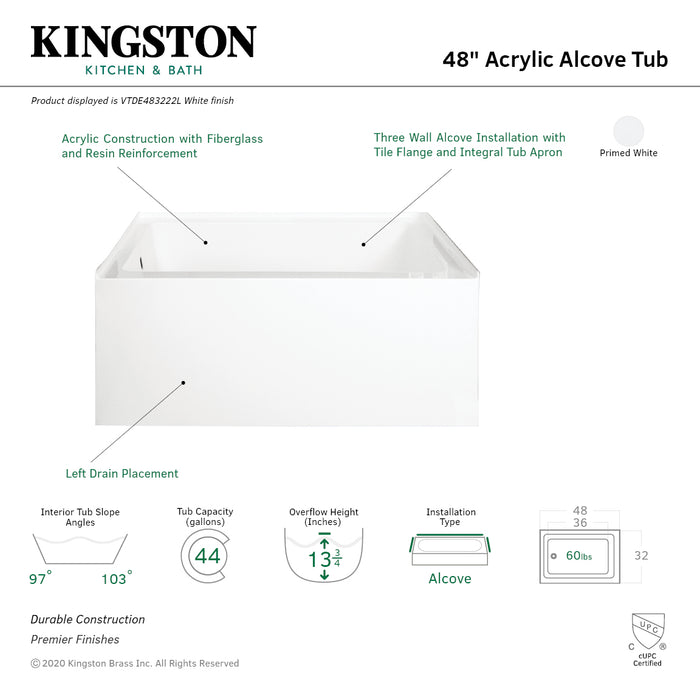 Kingston Tulare VTDE483222L - Aqua Eden 48-Inch Acrylic Rectangular 3-Wall Alcove Tub, Left Hand Drain Hole, Glossy White