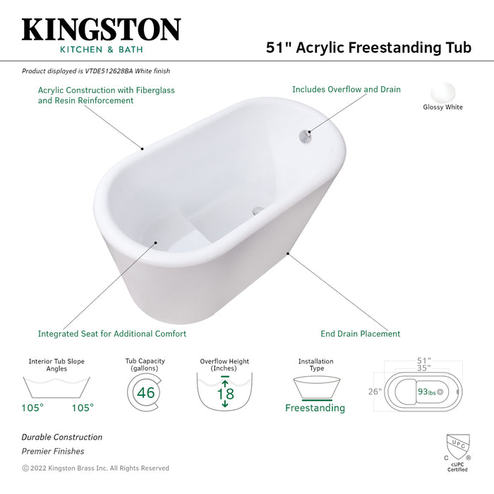 Kingston Sona VTDE512628BA - Aqua Eden 51-Inch Acrylic Oval Double Ended Freestanding Tub with Drain and Integrated Seat, Glossy White