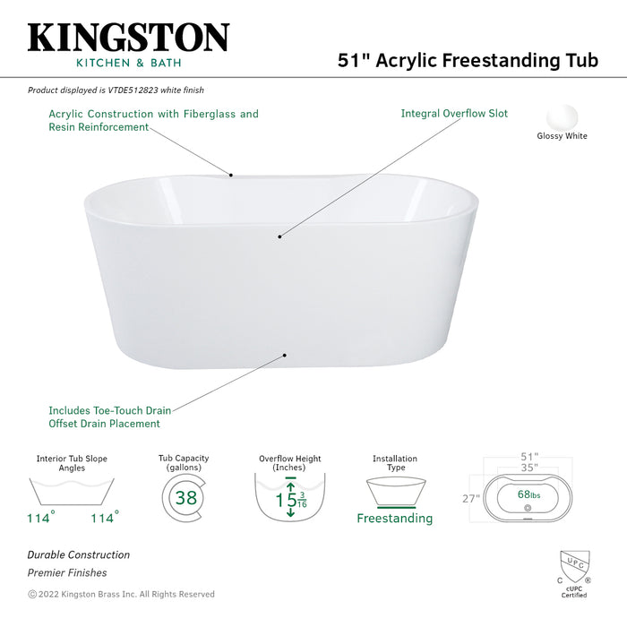 Kingston Sona VTDE512823 - Aqua Eden 51-Inch Acrylic Oval Double Ended Freestanding Tub with Drain, Glossy White