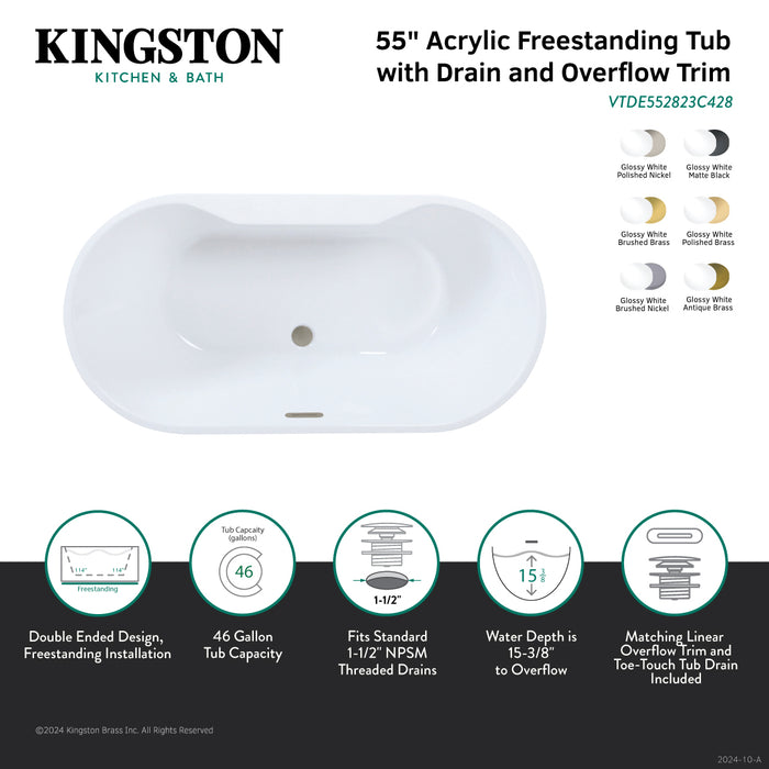 Kingston Sona VTDE552823C423 - Aqua Eden 55-Inch Acrylic Oval Double Ended Freestanding Tub with Drain, Glossy White/Antique Brass