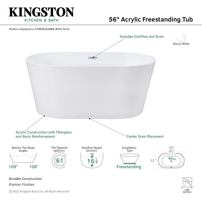 Aqua Eden VTDE563224BA 56-Inch Acrylic Oval Double Ended Freestanding Tub with Drain, Glossy White