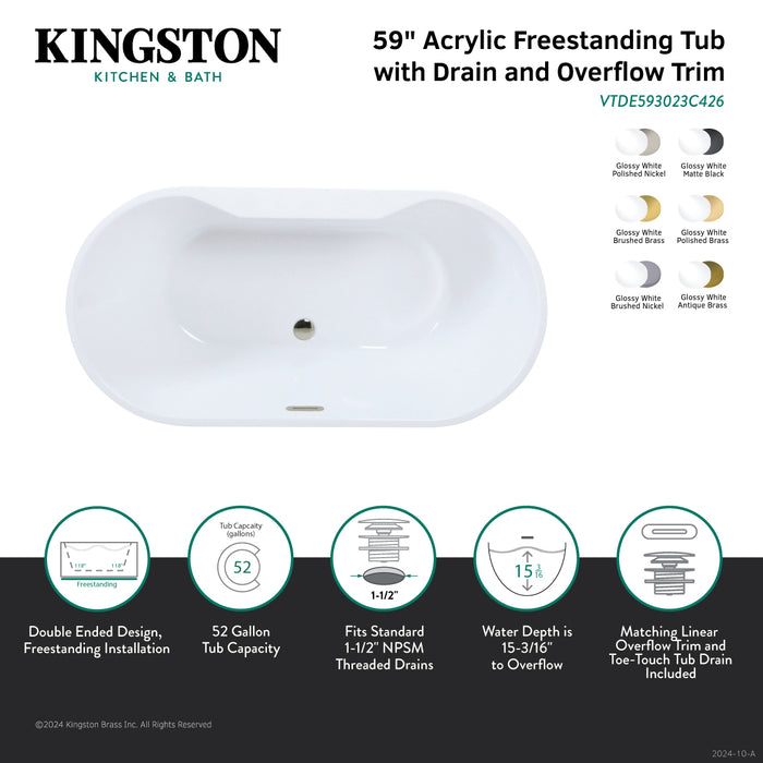 Kingston Sona VTDE593023C427 - Aqua Eden 59-Inch Acrylic Oval Double Ended Freestanding Tub with Drain, Glossy White/Brushed Brass