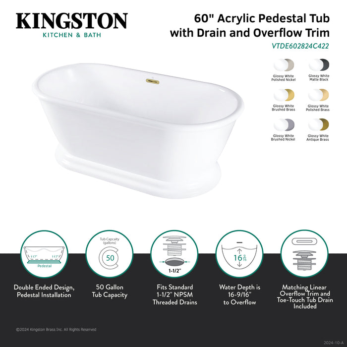 Kingston Heirloom VTDE602824C427 - Aqua Eden 60-Inch Acrylic Oval Double Ended Pedestal Tub with Drain (No Faucet Drillings), Glossy White/Brushed Brass