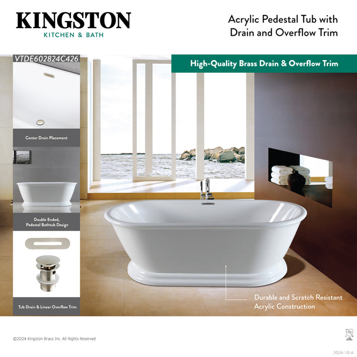Kingston Heirloom VTDE602824C428 - Aqua Eden 60-Inch Acrylic Oval Double Ended Pedestal Tub with Drain (No Faucet Drillings), Glossy White/Brushed Nickel