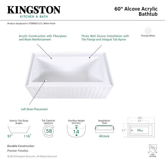 Aqua Eden VTDE603121L 60-Inch Acrylic Rectangular 3-Wall Alcove Tub, Left Drain Hole, Glossy White