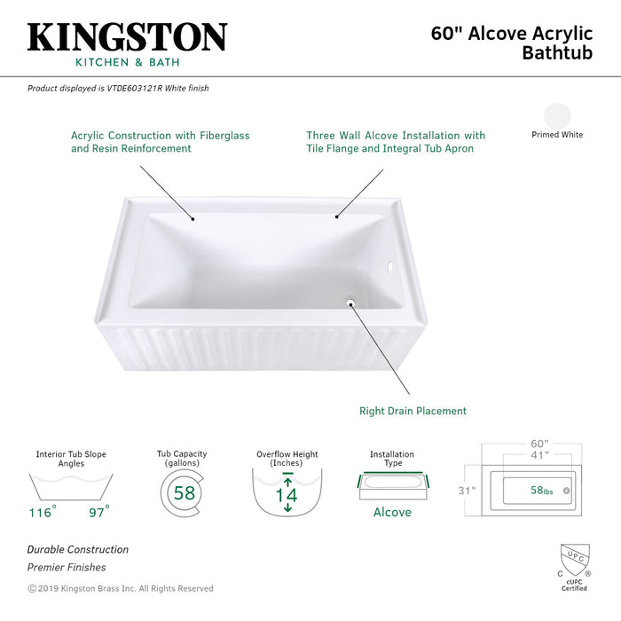 Aqua Eden VTDE603121R 60-Inch Acrylic Rectangular 3-Wall Alcove Tub, Right Drain Hole, Glossy White