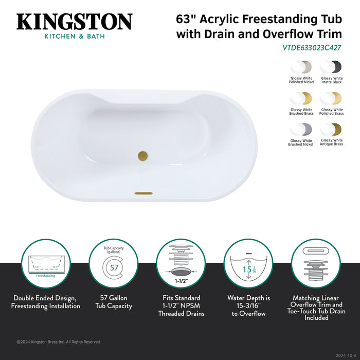Kingston Sona VTDE633023C420 - Aqua Eden 63-Inch Acrylic Oval Double Ended Freestanding Tub with Drain, Glossy White/Matte Black