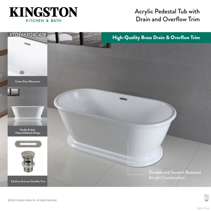 Kingston Heirloom VTDE663124C427 - Aqua Eden 66-Inch Acrylic Oval Double Ended Pedestal Tub with Drain (No Faucet Drillings), Glossy White/Brushed Brass