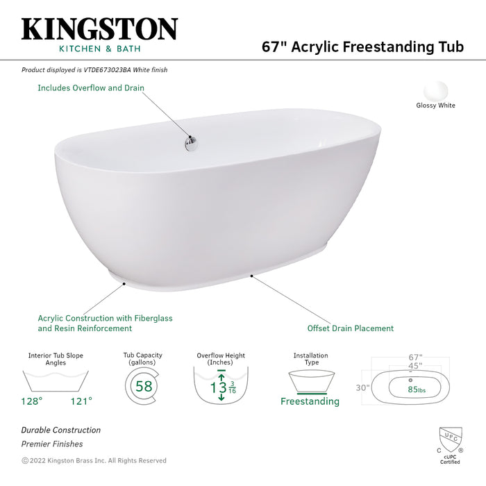 Aqua Eden VTDE673023BA 67-Inch Acrylic Oval Double Ended Freestanding Tub with Drain, Glossy White