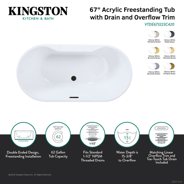 Kingston Sona VTDE673223C422 - Aqua Eden 67-Inch Acrylic Oval Double Ended Freestanding Tub with Drain, Glossy White/Polished Brass