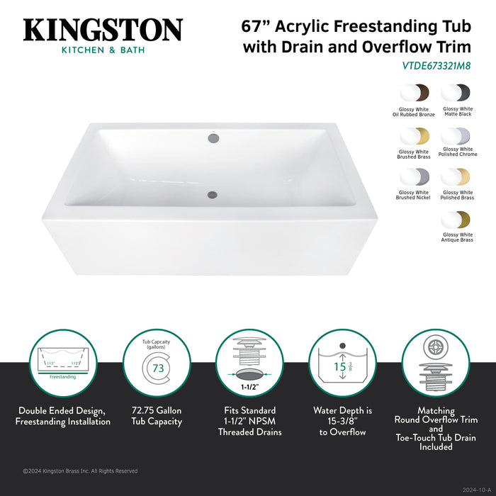Kingston Sona VTDE673321M2 - Aqua Eden 67-Inch Acrylic Rectangular Double Ended Freestanding Tub with Overflow/Drain Assembly, Glossy White/Polished Brass