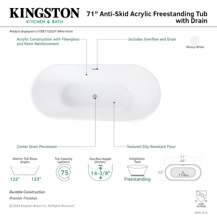 Kingston Sona VTDE713223T - Aqua Eden 71-Inch Acrylic Oval Double Ended Freestanding Tub with Drain, Glossy White
