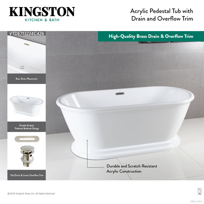 Aqua Eden VTDE713224C427 71-Inch Acrylic Oval Double Ended Pedestal Tub with Drain (No Faucet Drillings), Glossy White/Brushed Brass